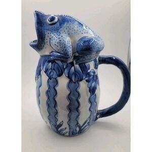 Vintage 10.5" Blue and White Ceramic Majolica Frog Pitcher, Vase